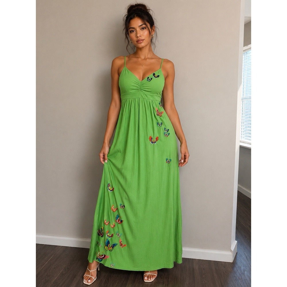 Vintage Johnny Was Y2K Embroidered Butterfly Spaghetti Strap Maxi Dress Med